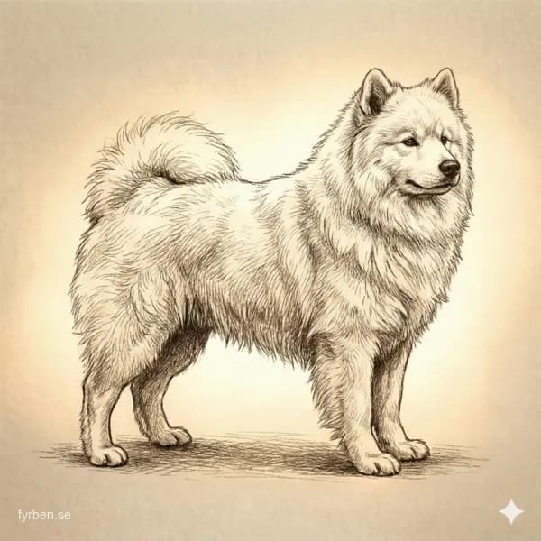 Samojed - en vit, fluffig hund med det karakteristiska Samojed-leendet